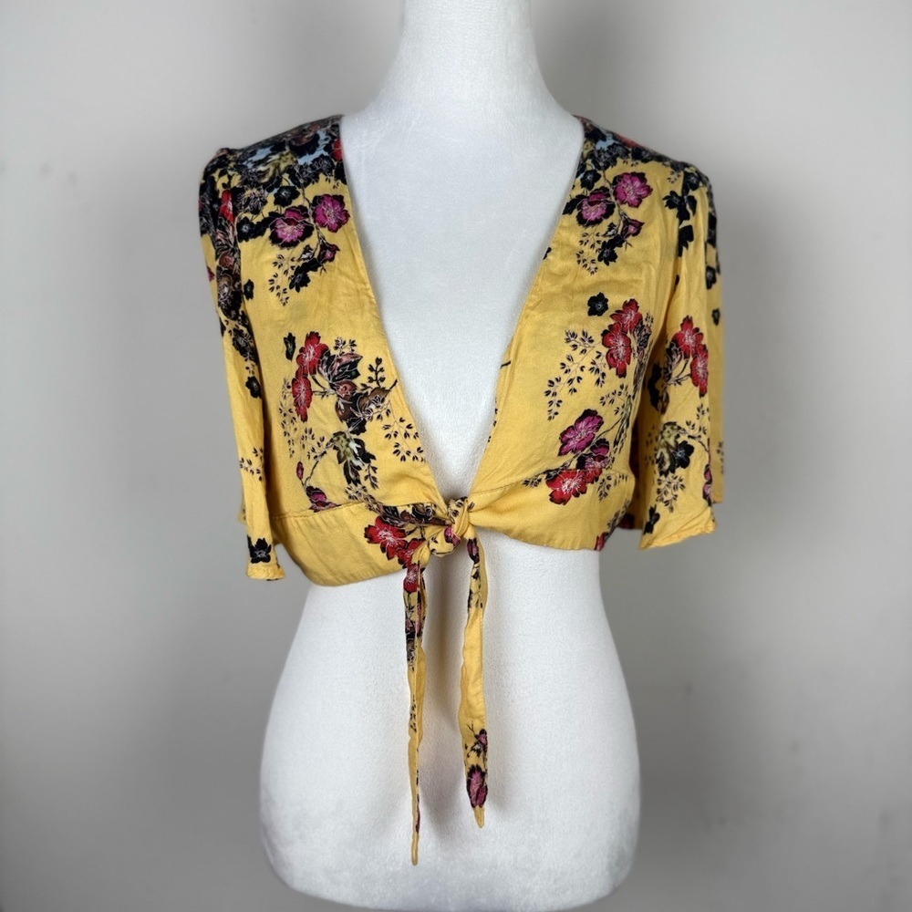 Free People Yellow Floral Tie Front Crop Top Size S
